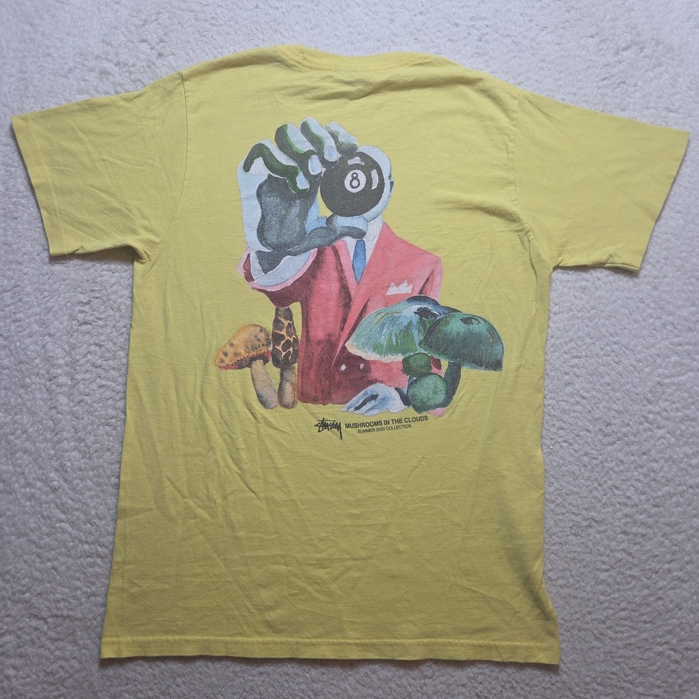 Stussy Mushrooms In The Clouds T-Shirt Men's Size Small Yellow Short Sleeve